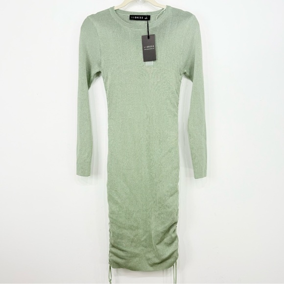 Lioness Military Minds Light Green Ruched Tie Side Ling Sleeve Stretch Dress NEW - Picture 6 of 16